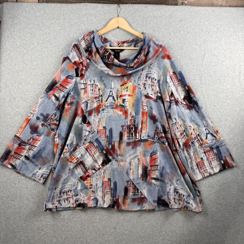 Ali Miles Cityscape Tunic Womens 2X Cowl Neck Asymmetrical Art to Wear Artsy
